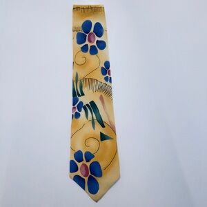 Hand-Painted Floral Silk Tie in Yellow with Blue Flowers, J. Garcia
